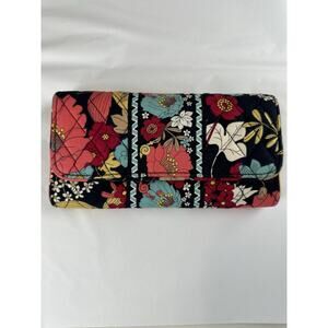 Vera Bradley Large Trifold Wallet Magnetic Closure Black Floral Multi-Color